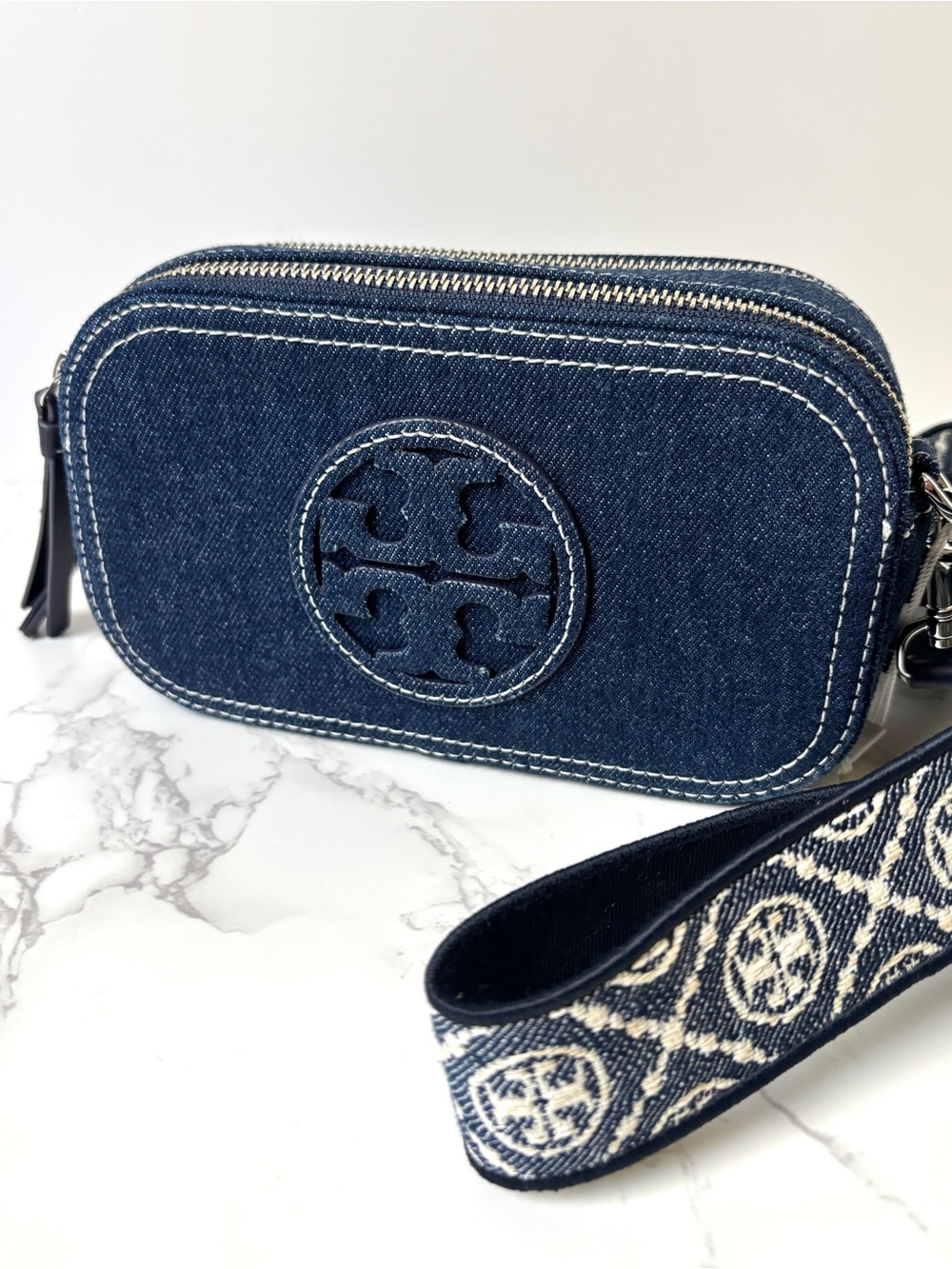 New Tory Burch Mini Miller Denim Crossbody Bag Blue Logo Jacquard Strap
